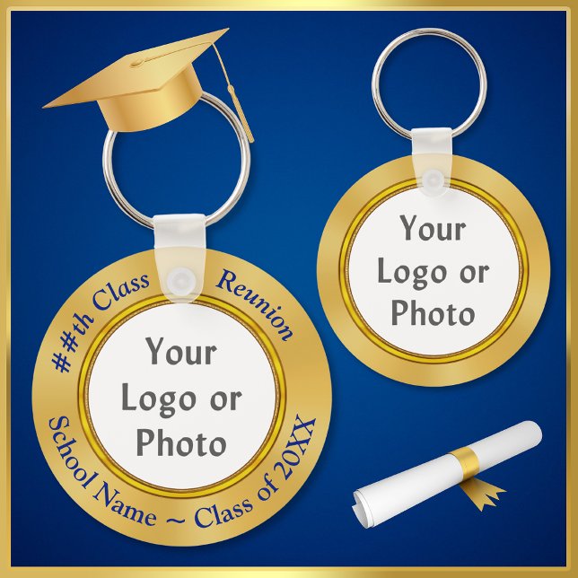 School LOGO, PHOTO, TEXT  Class Reunion Gift Ideas Key Ring (Blue Gold, Class Reunion Party Favors with School Photo or Logo. Inexpensive Class Reunion Gifts.   )