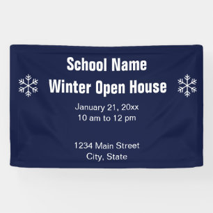 School Logo Winter Open House Blue and White Banner