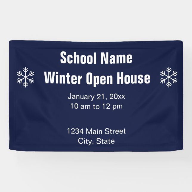 School Logo Winter Open House Blue and White  Banner (Horizontal)