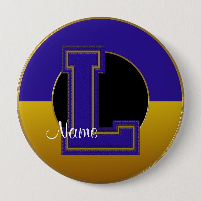 School Monogrammed Button, Blue-Gold Letter L 10 Cm Round Badge (Front)