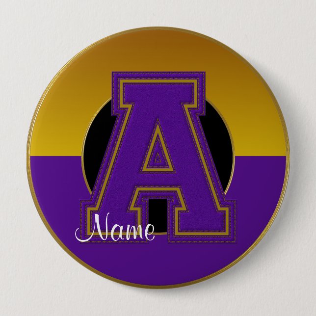 School Monogrammed Button, Purple-Gold Letter A 10 Cm Round Badge (Front)