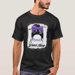 School Nurse Back To School Funny Women Messy Bun T-Shirt