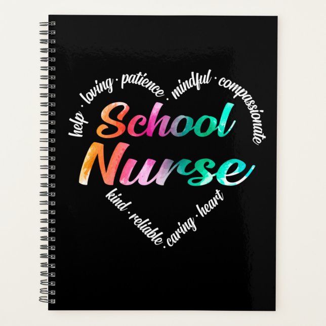 School Nurse Heart Word Cloud Watercolor Rainbow Planner (Front)