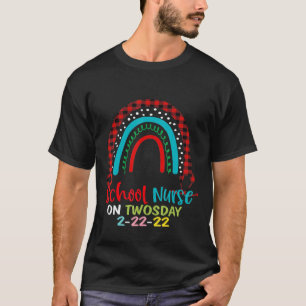 School Nurse Rainbow Plaid On Twosday Funny Februa T-Shirt