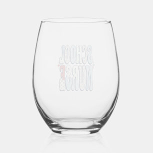 School Nurse Vintage Floral Typography Shirt Desig Stemless Wine Glass