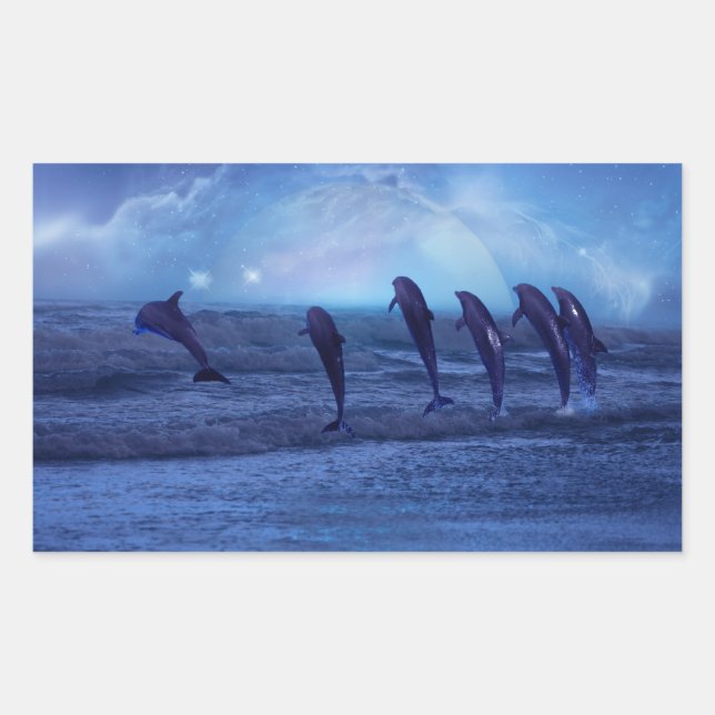 School of dolphins by moonlight rectangular sticker (Front)