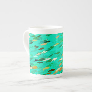 School of Fish, Aqua, Green and Gold Bone China Mug