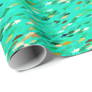 School of Fish, Aqua, Green and Gold Wrapping Paper