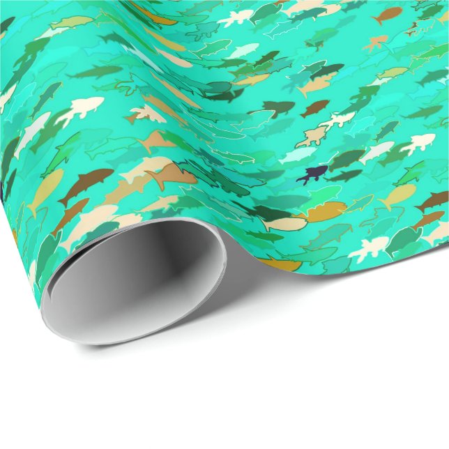 School of Fish, Aqua, Green and Gold Wrapping Paper (Roll Corner)