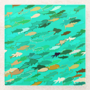 School of fish, aqua, green, gold glass coaster