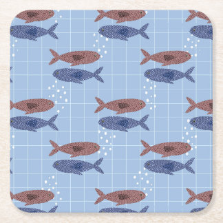 School of Fish Blue Grid Pattern Notebook Square Paper Coaster