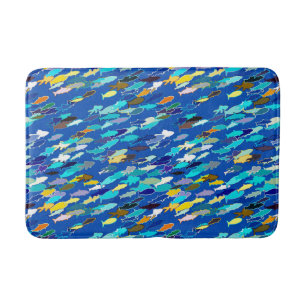 School of Fish, Dark Blue, White and Turquoise Bath Mat