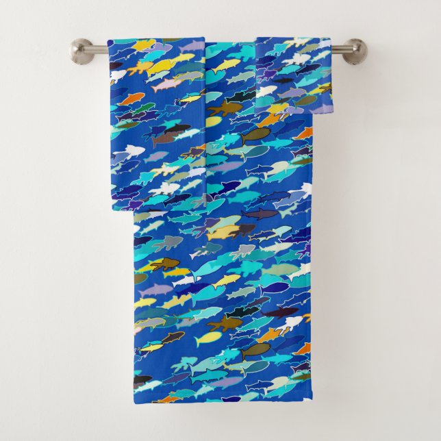 School of Fish, Dark Blue, White and Turquoise Bath Towel Set (Insitu)