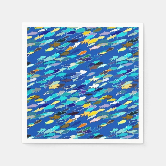 School of Fish, Dark Blue, White and Turquoise Napkin (Front)