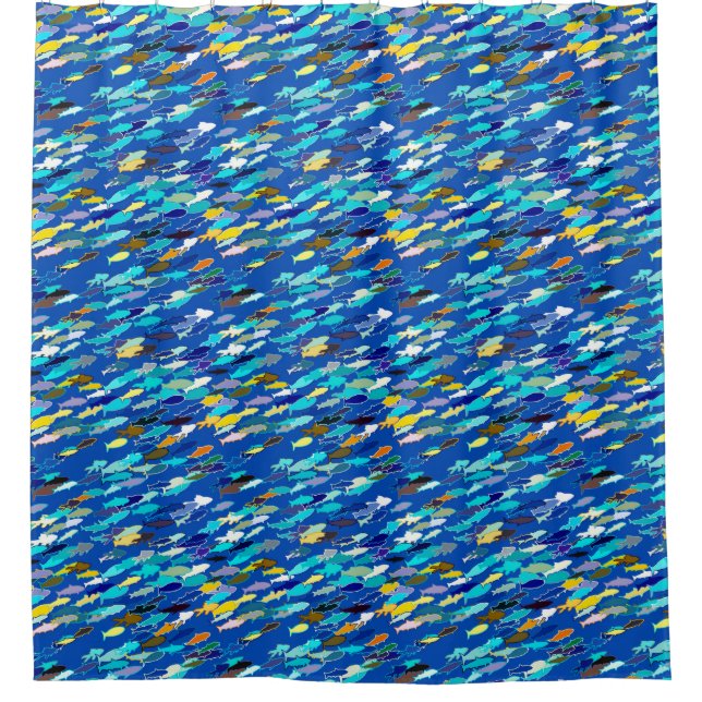 School of Fish, Dark Blue, White and Turquoise Shower Curtain (Front)