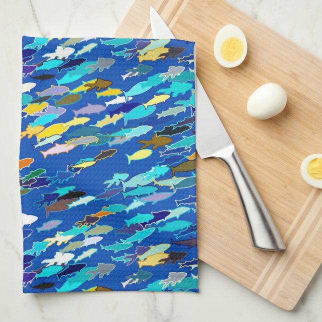 School of Fish, Dark Blue, White and Turquoise Tea Towel (Quarter Fold)