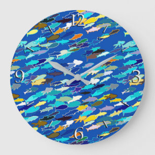 School of fish, dark blue, white, turquoise large clock