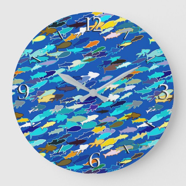 School of fish, dark blue, white, turquoise large clock (Front)