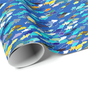School of fish, dark blue, white, turquoise wrapping paper