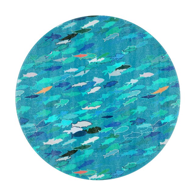 School of Fish, Turquoise,  Blue and Aqua  Cutting Board (Front)