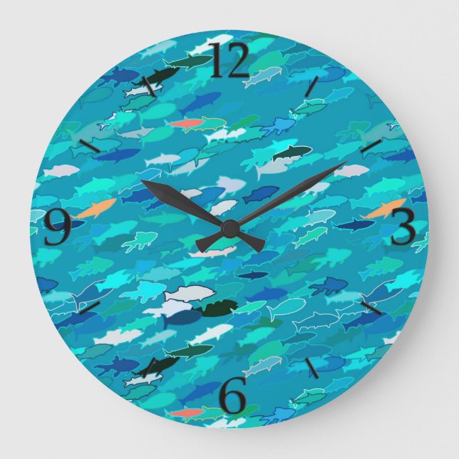 School of Fish, Turquoise,  Blue and Aqua  Large Clock (Front)