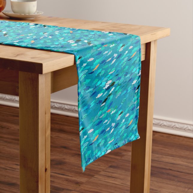School of Fish, Turquoise,  Blue and Aqua  Short Table Runner (In Situ)