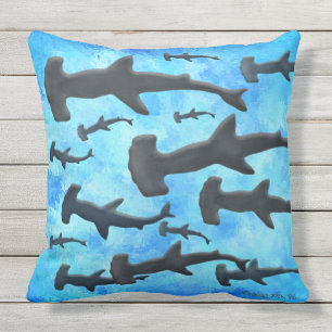 School of Hammerhead Sharks in Silhouette Outdoor Cushion