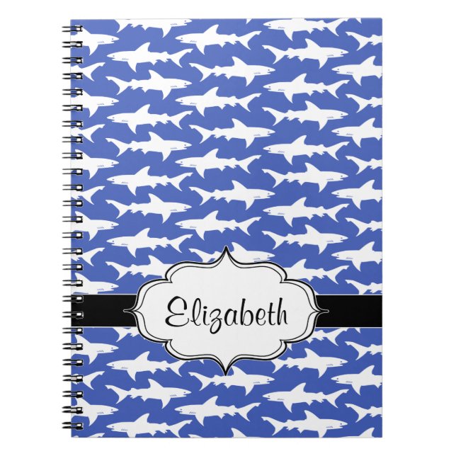School of Sharks Funny Blue and White Spiral Notebook (Front)