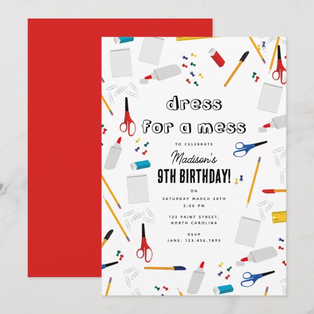 School Office Supplies Arts Crafts Birthday Party Invitation (Front/Back)