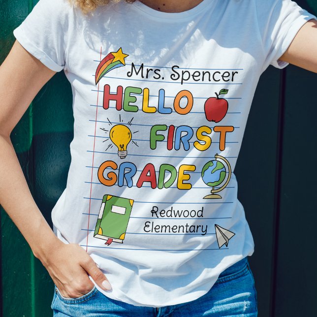 School Paper & Doodles Hello First Grade T-Shirt (Creator Uploaded)