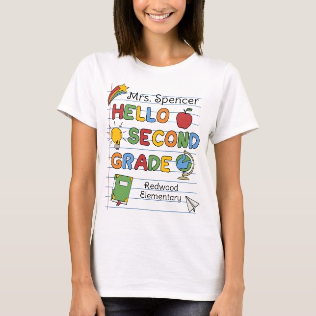 School Paper & Doodles Hello Second Grade T-Shirt (Front)