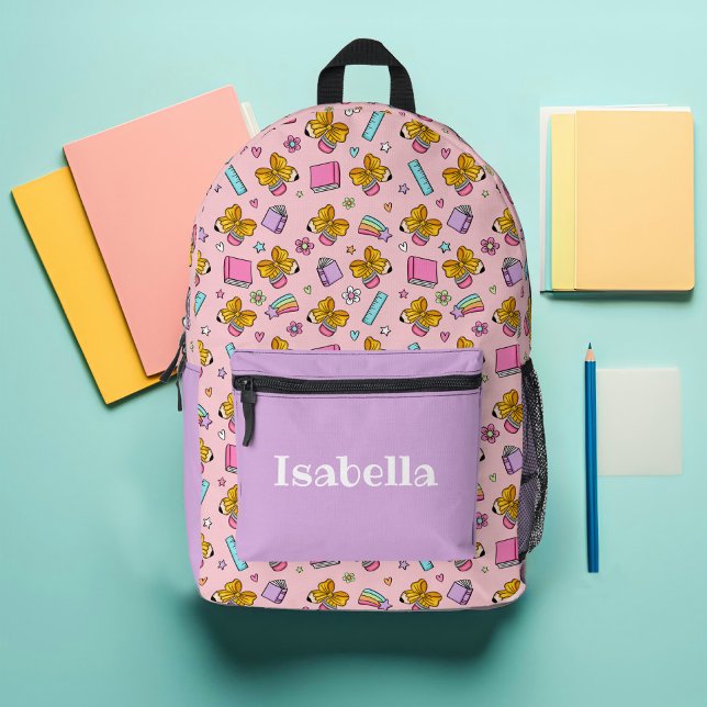 School Pattern Custom Pink and Purple Printed Backpack (Pink and Purple Custom Back to School Fall Cute Girls Backpack )
