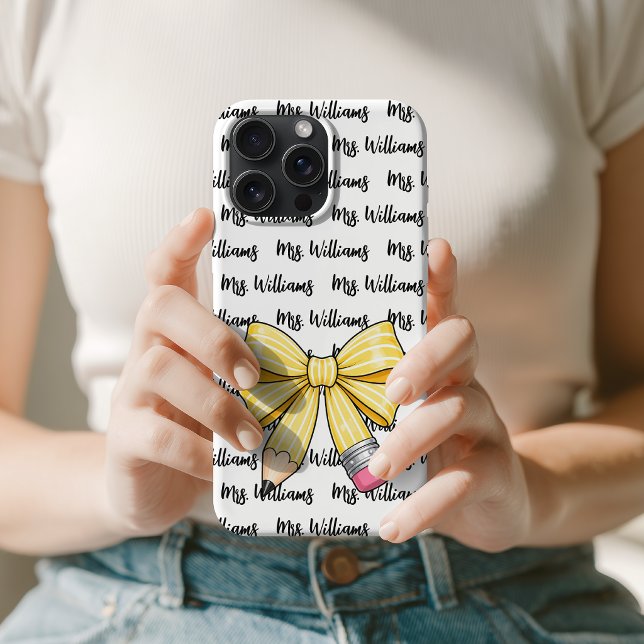 School Pencil Bow Cute Back to School Teacher Name iPhone Case (Custom Teacher Name Pencil Bow Pattern iPhone Case | Personalized Teacher Appreciation Phone Cover)