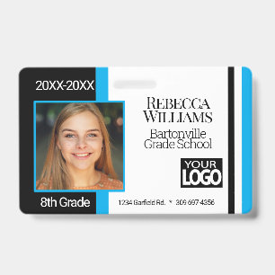 School Photo Badge - Baby Blue, Black White ID Badge