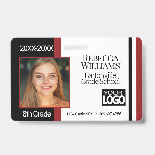School Photo Badge - Dark Red, Black White ID Badge