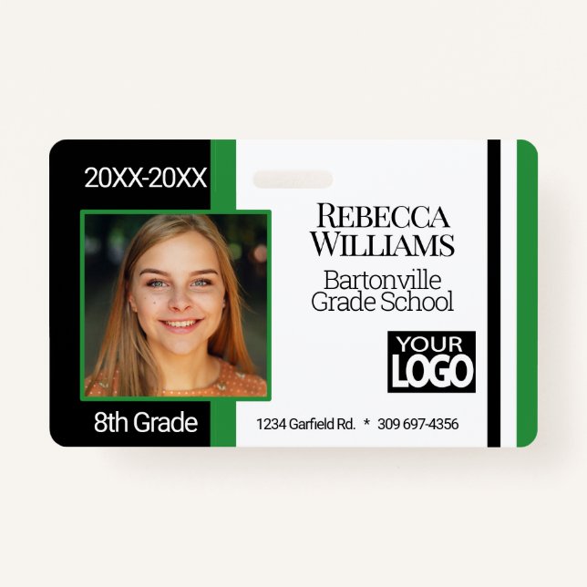 School Photo Badge - Green, Black White ID Badge (Front)