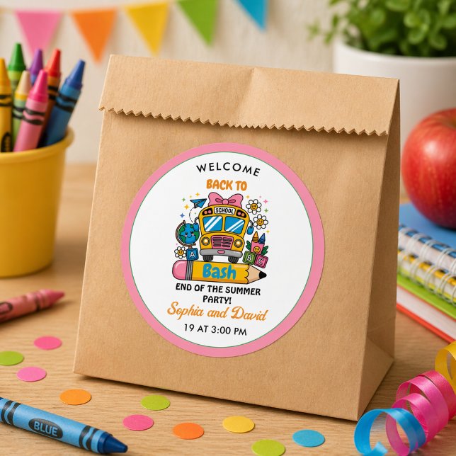 School’s Back Bash! Editable End of Summer Party  Classic Round Sticker (School’s Back Bash! Editable End of Summer Party Classic Round Sticker)