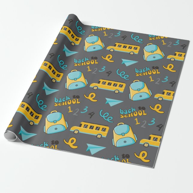 School Seamless Wrapping Paper: Bag Bus Numbers Paper (Unrolled)