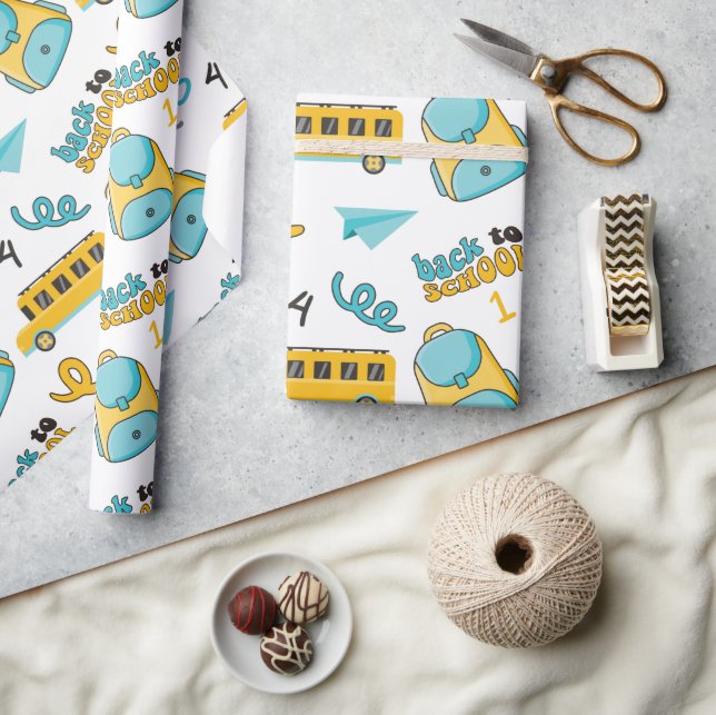 School Seamless Wrapping Paper: Numbers, Bag, Bus Paper (Crafts)