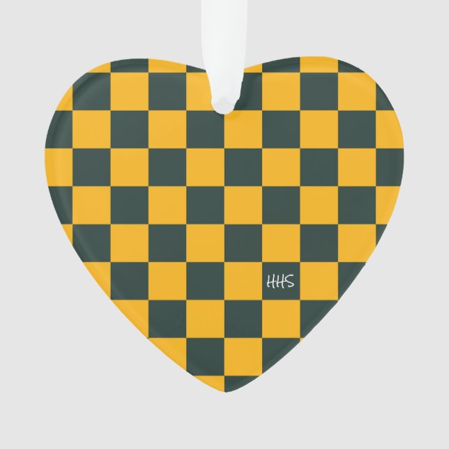 School Sports Chequerboard INITIALS Green Gold  Ornament (Front)