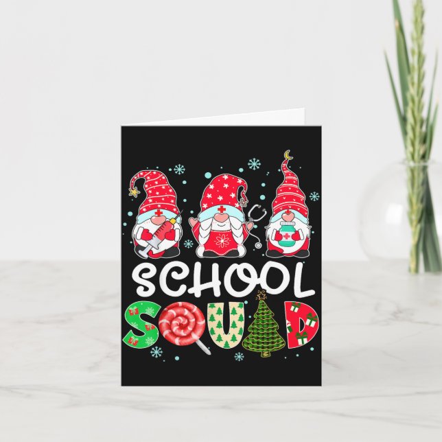 School squad gnome nurse stethoscope christmas card (Front)