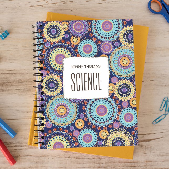 School Subject Colourful Personalised Navy Blue Notebook (Navy blue background with colorful bold mandala pattern )