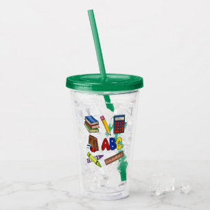 School Supplies Books Calculator Crayons Teacher Acrylic Tumbler