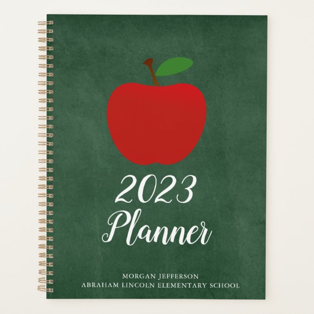 School Teacher Apple Green Chalkboard Custom 2023 Planner (Front)