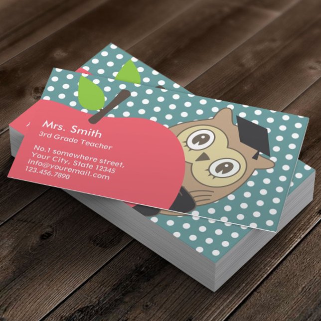 School Teacher Cute Apple & Owl Business Card (Creator Uploaded)