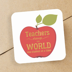School teacher gold script quote on red apple square sticker