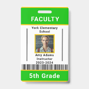 School Teacher ID Badge Template W/ Barcode Green