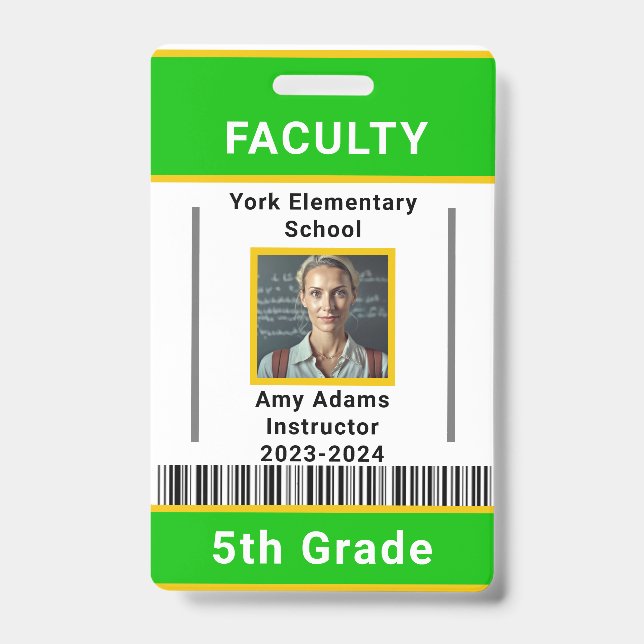 School Teacher ID Badge Template W/ Barcode Green (Front)