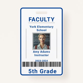 School Teacher ID Badge Template With Barcode Blue