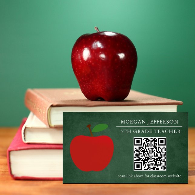 School Teacher Red Apple Chalkboard QR Code Magnetic Business Card (Creator Uploaded)